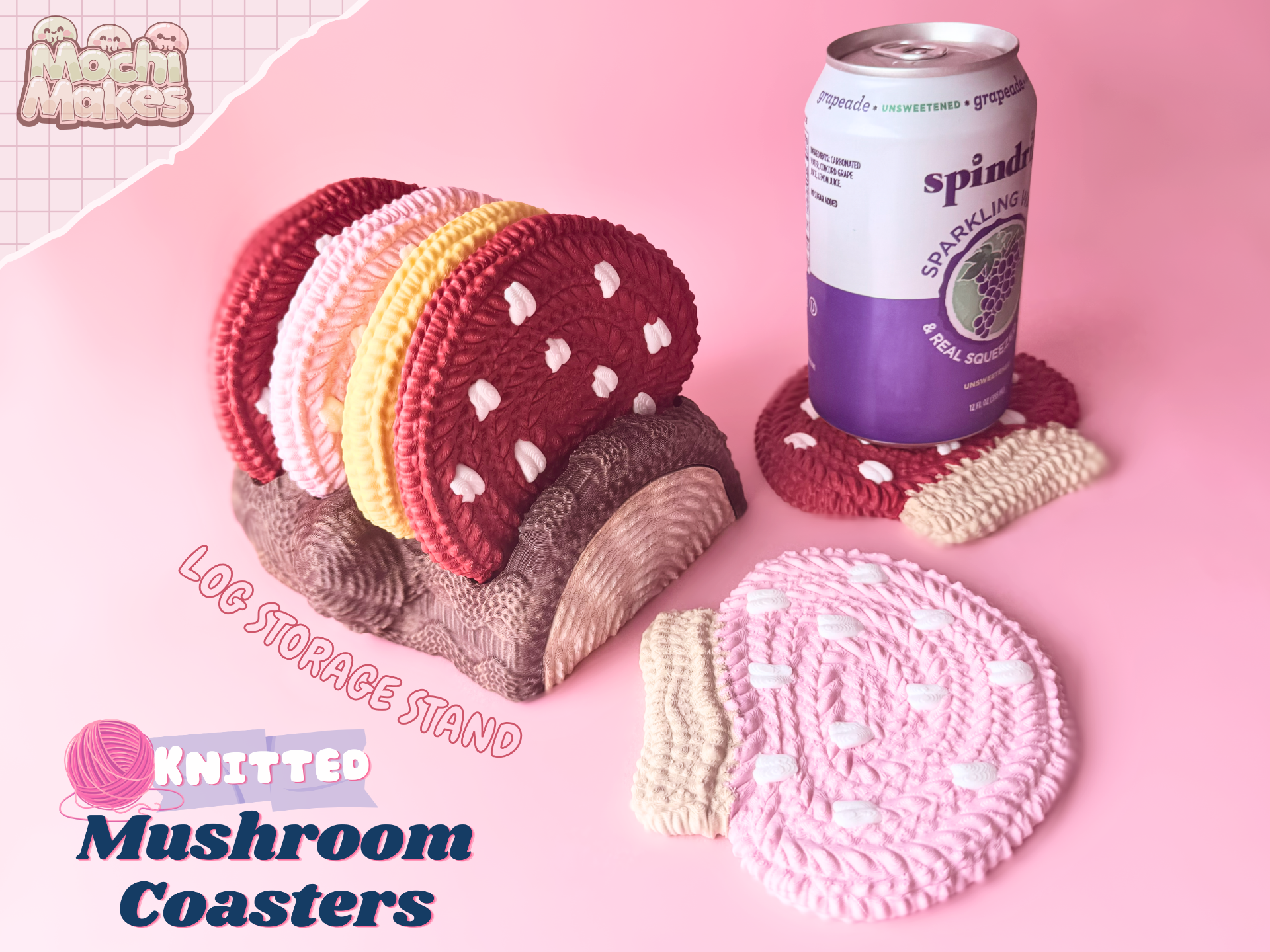 Knitted Mushroom Coasters + Log Stand