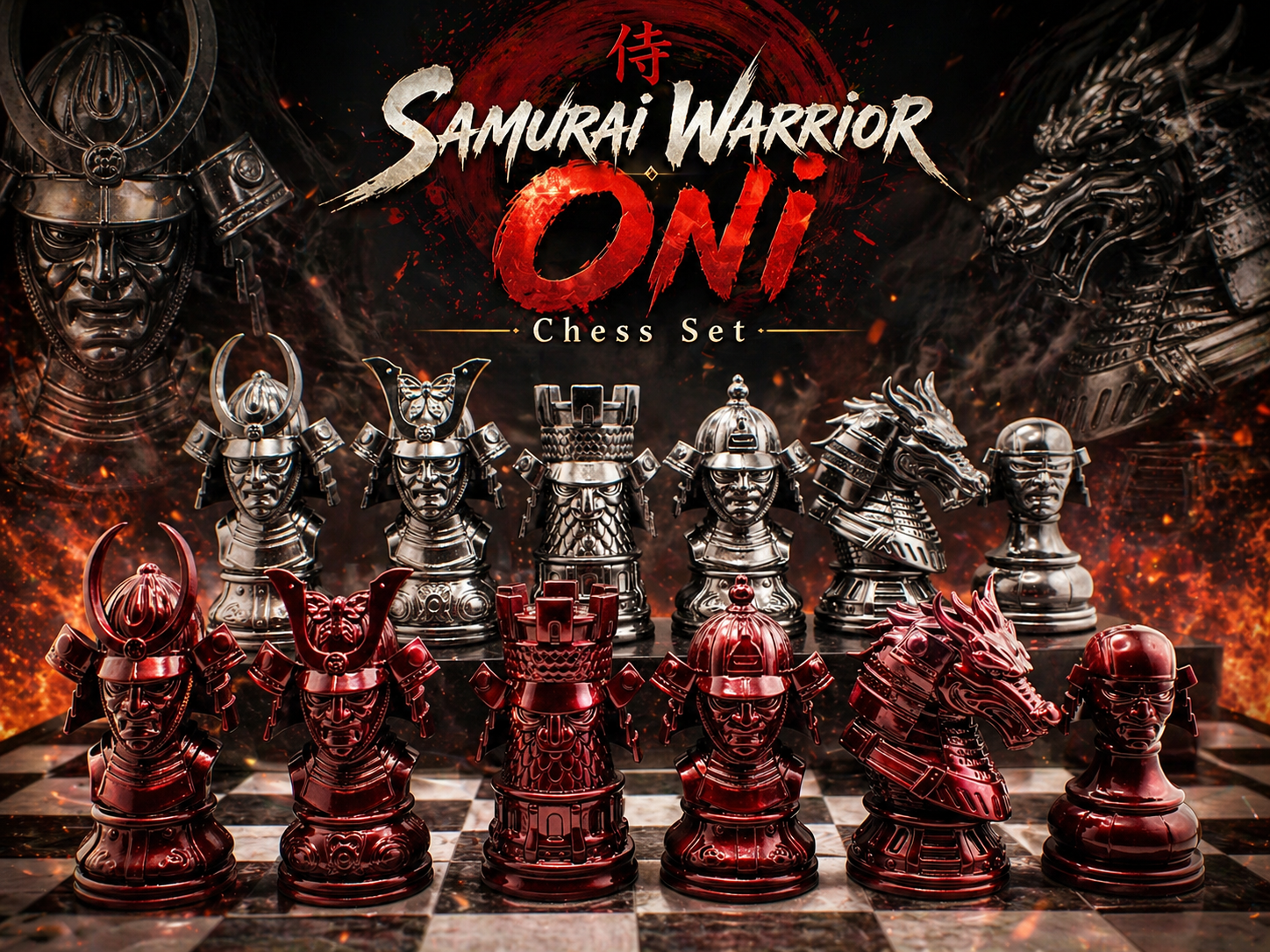 Samurai Warrior Oni Chess Set|Feudal Japan Pieces