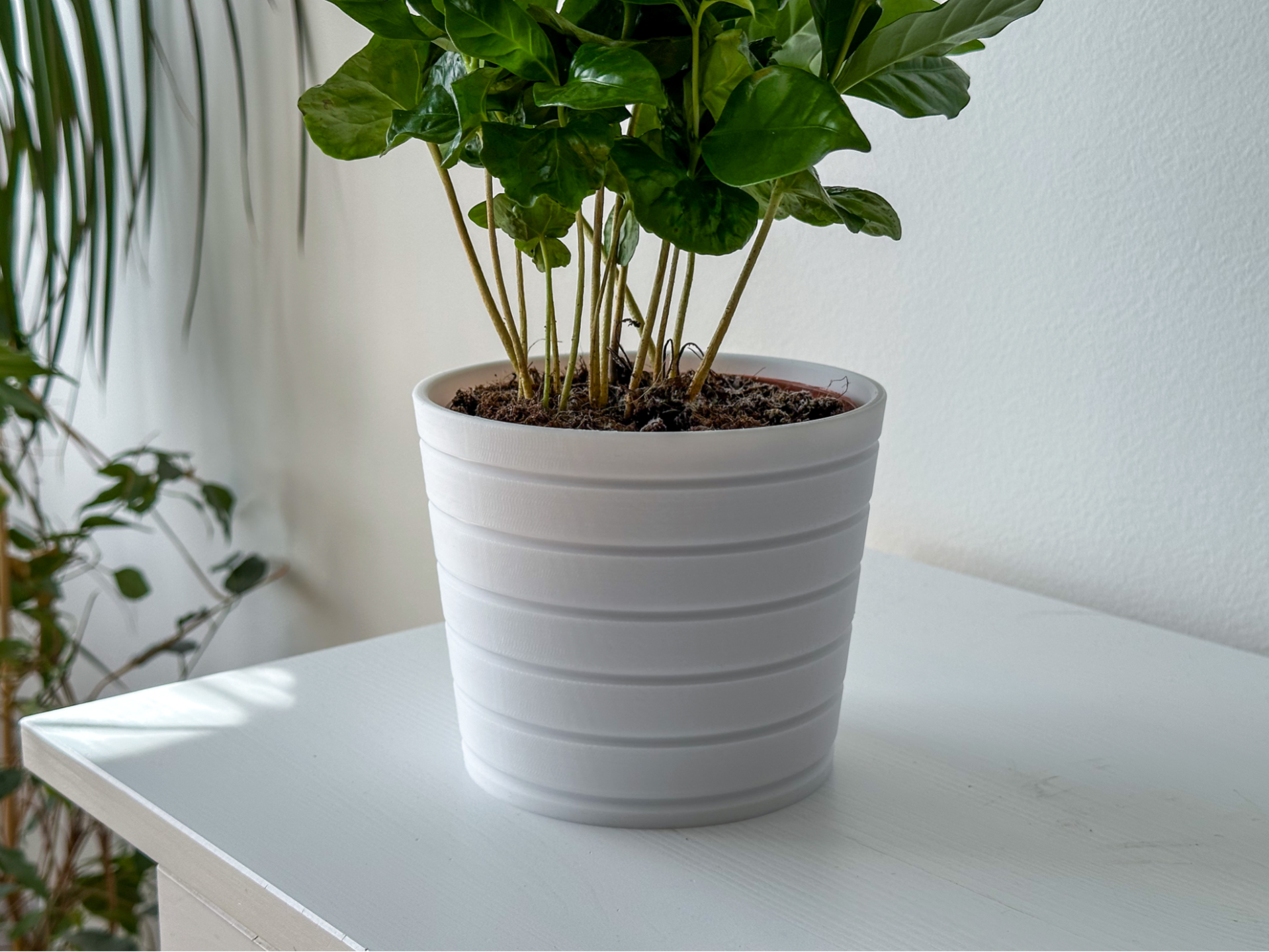 Flowerpot with horizontal stripes.