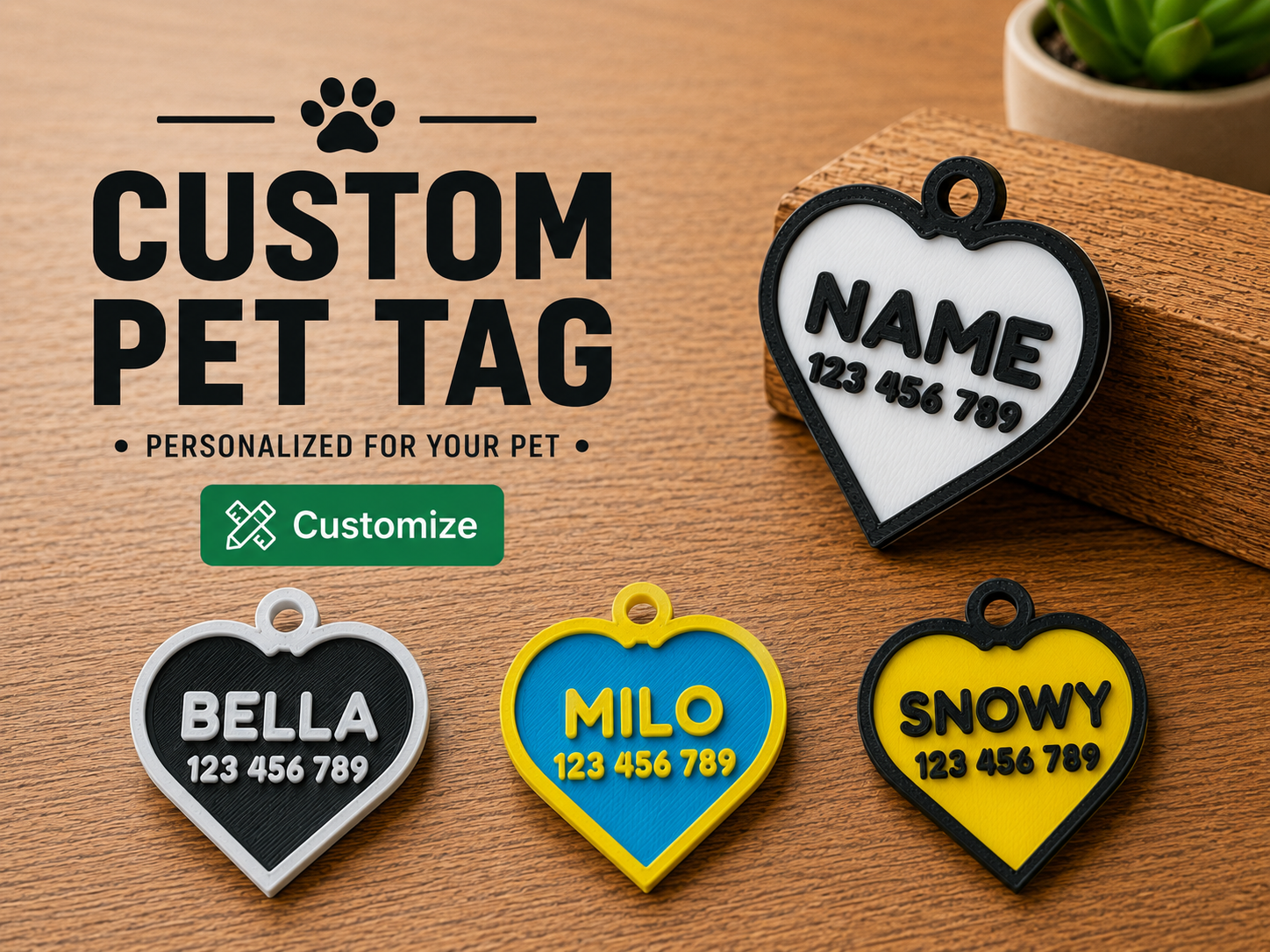 Heart-Shape Fully Custom Pet Tag with Phone and QR