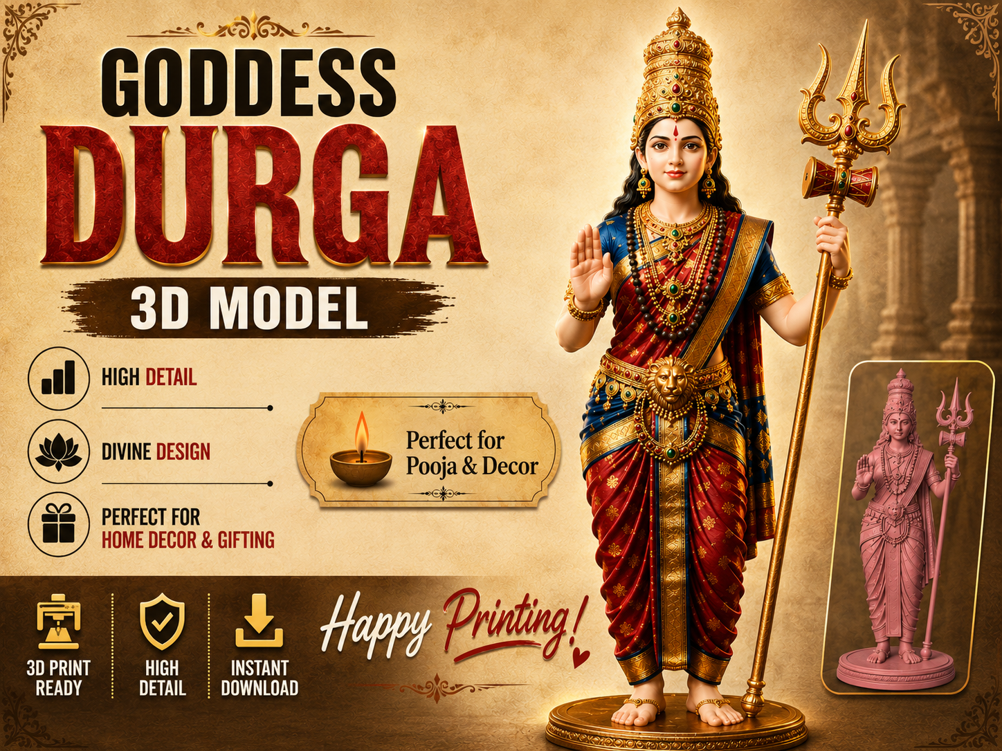 Durga Devi | 3D Printable Model | Home Decor