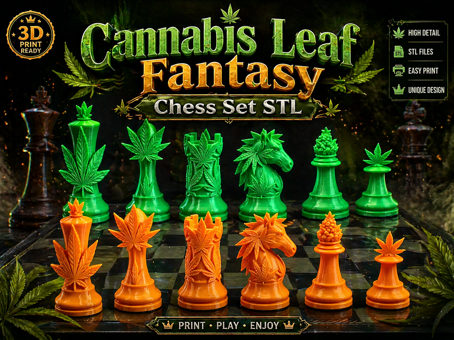 Cannabis Leaf Fantasy Chess Set STL