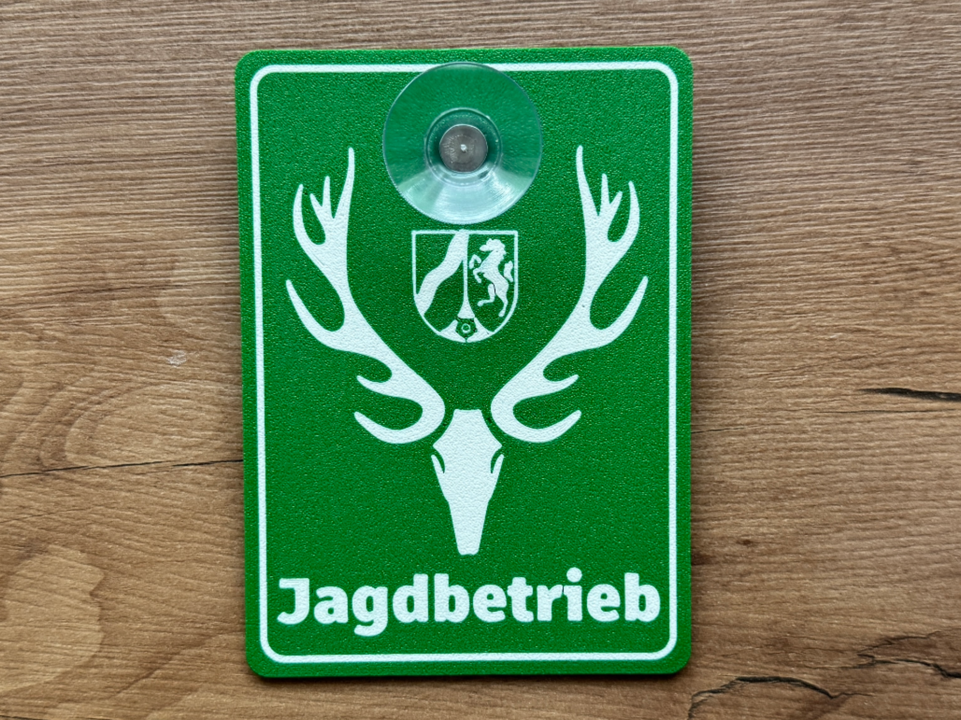 Schild Jagdbetrieb NRW mit Saugnapfhalterung