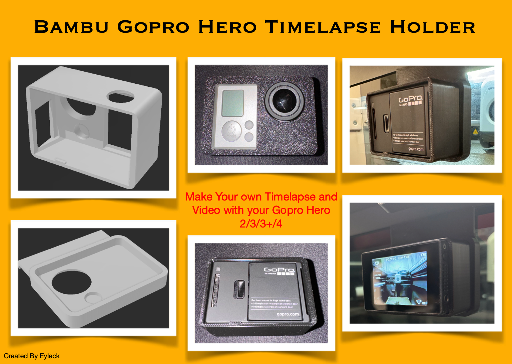 Timelapse Holder For GoPro 2/3/3+/4 on Bambu P1/X1