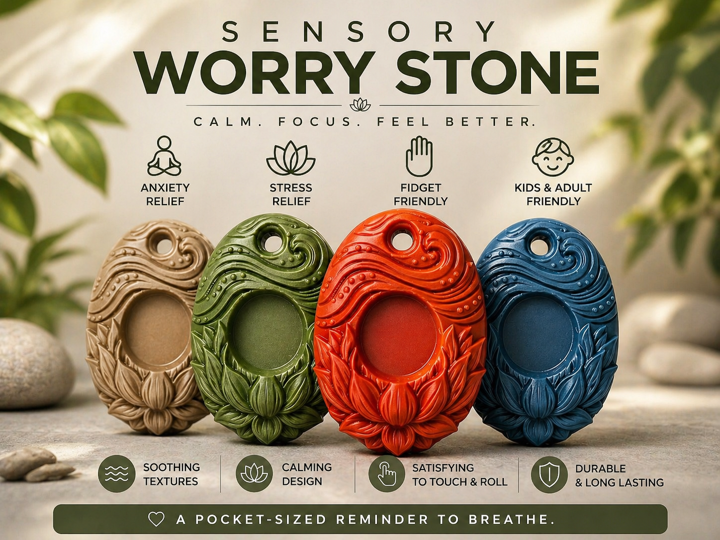 Lotus Sensory Worry Stone Keychain (No Support)