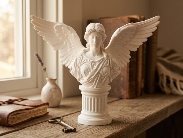 Angel Bust Sculpture with Wings & Pedestal