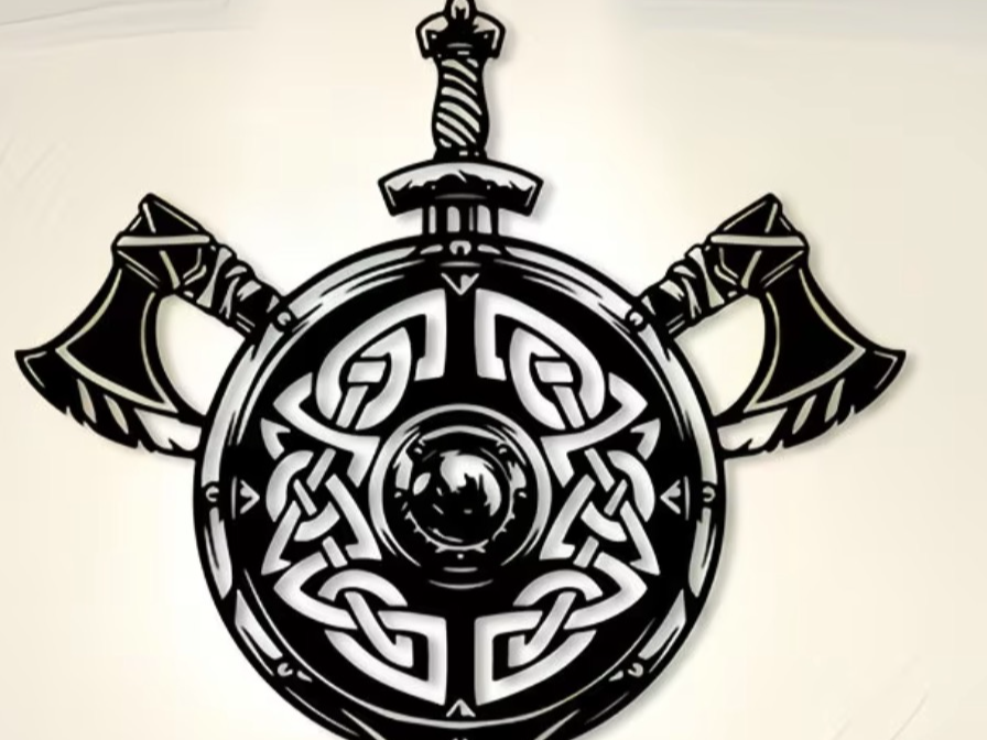 Norse Crest – Rundschild Knotwork Axtpaar Schwert