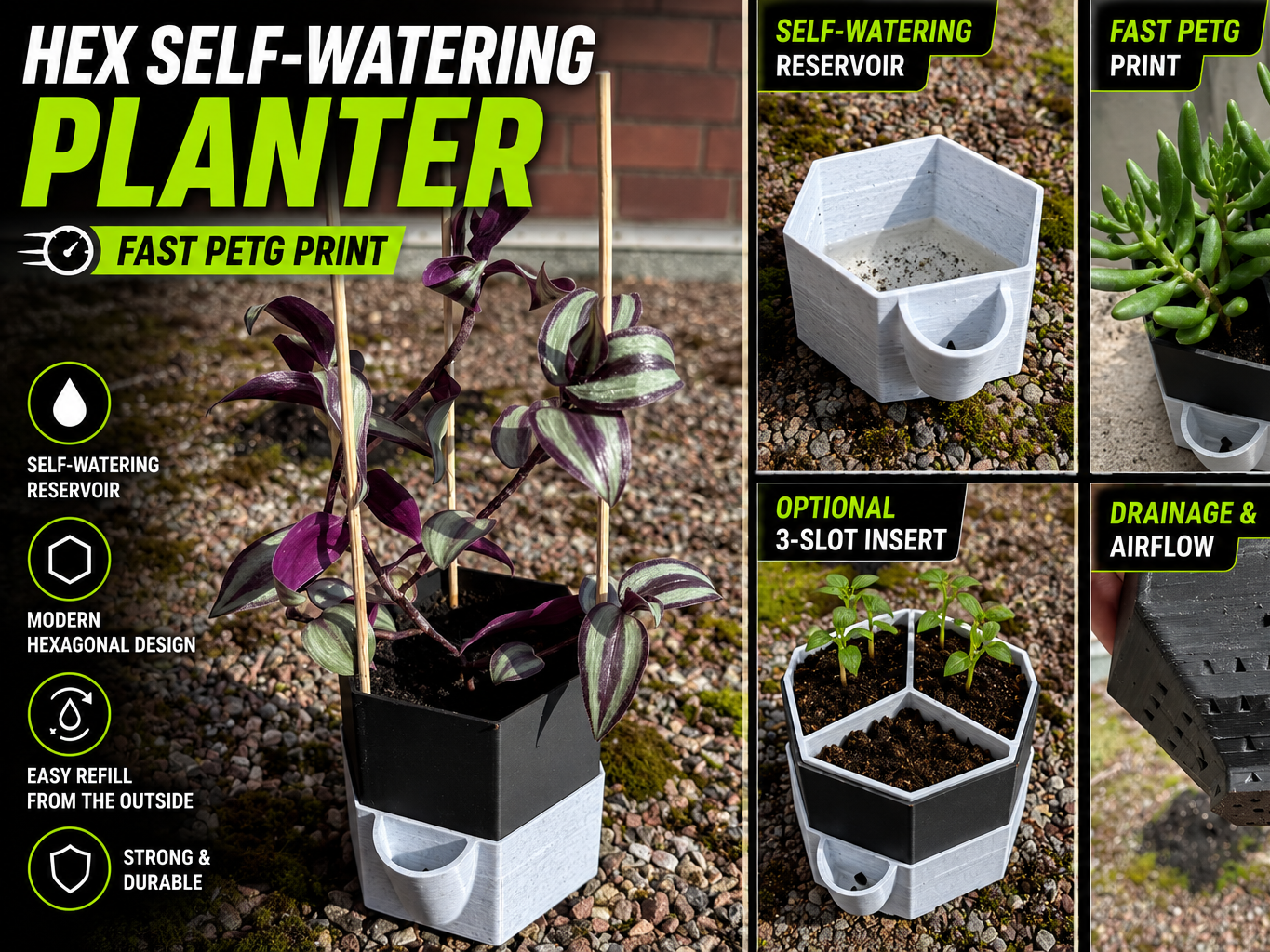 Hex Self-Watering Planter Fast PETG Print