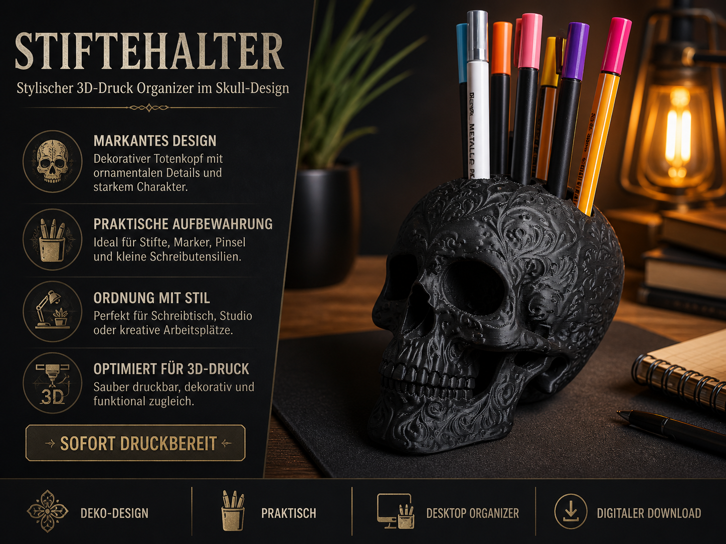 Ornate Floral Skull Stiftehalter – Skull PenHolder