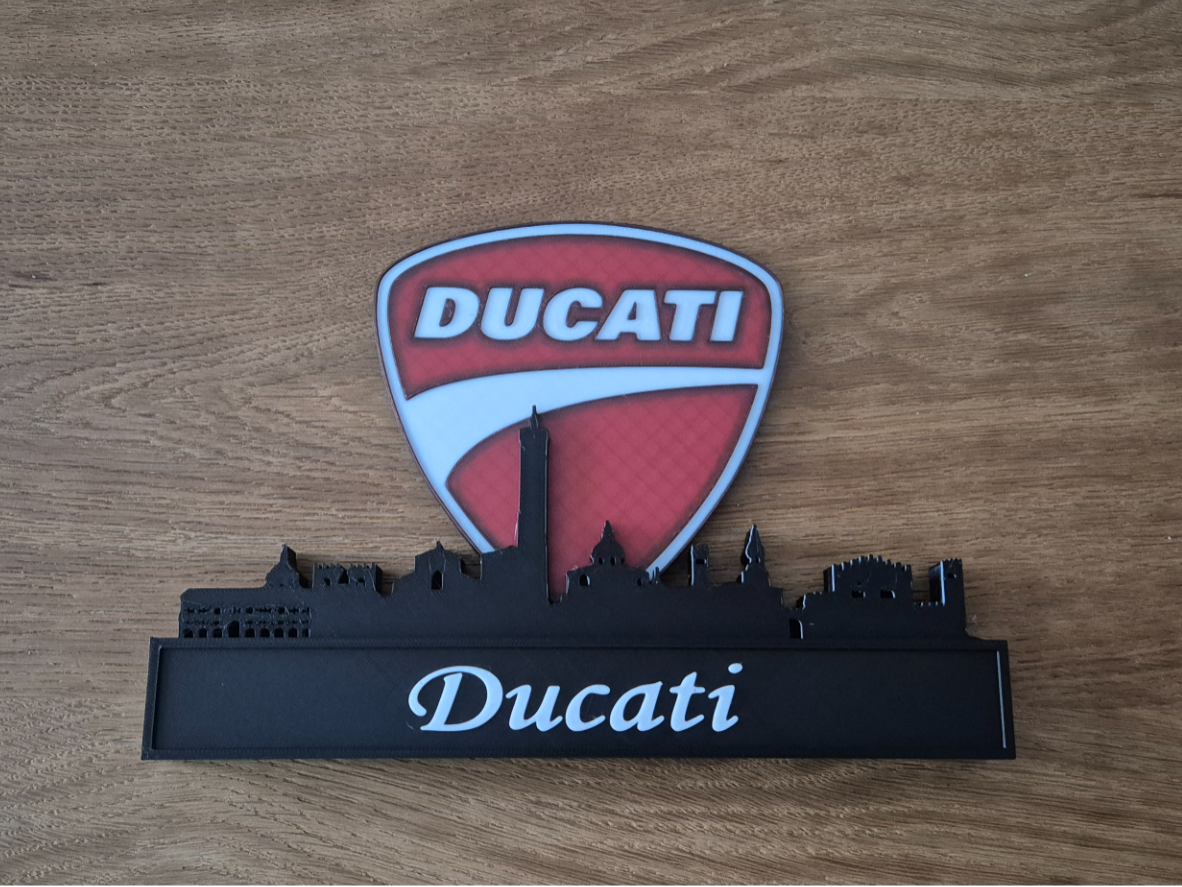 Ducati with skyline of Bologna