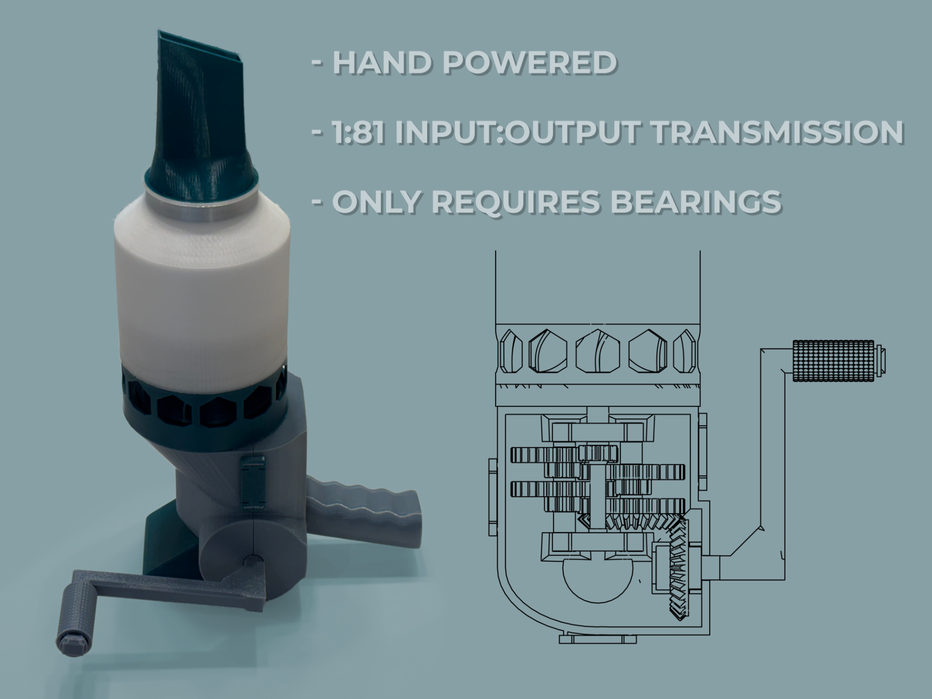 Vac-Attack - highspeed transmission, hand powered
