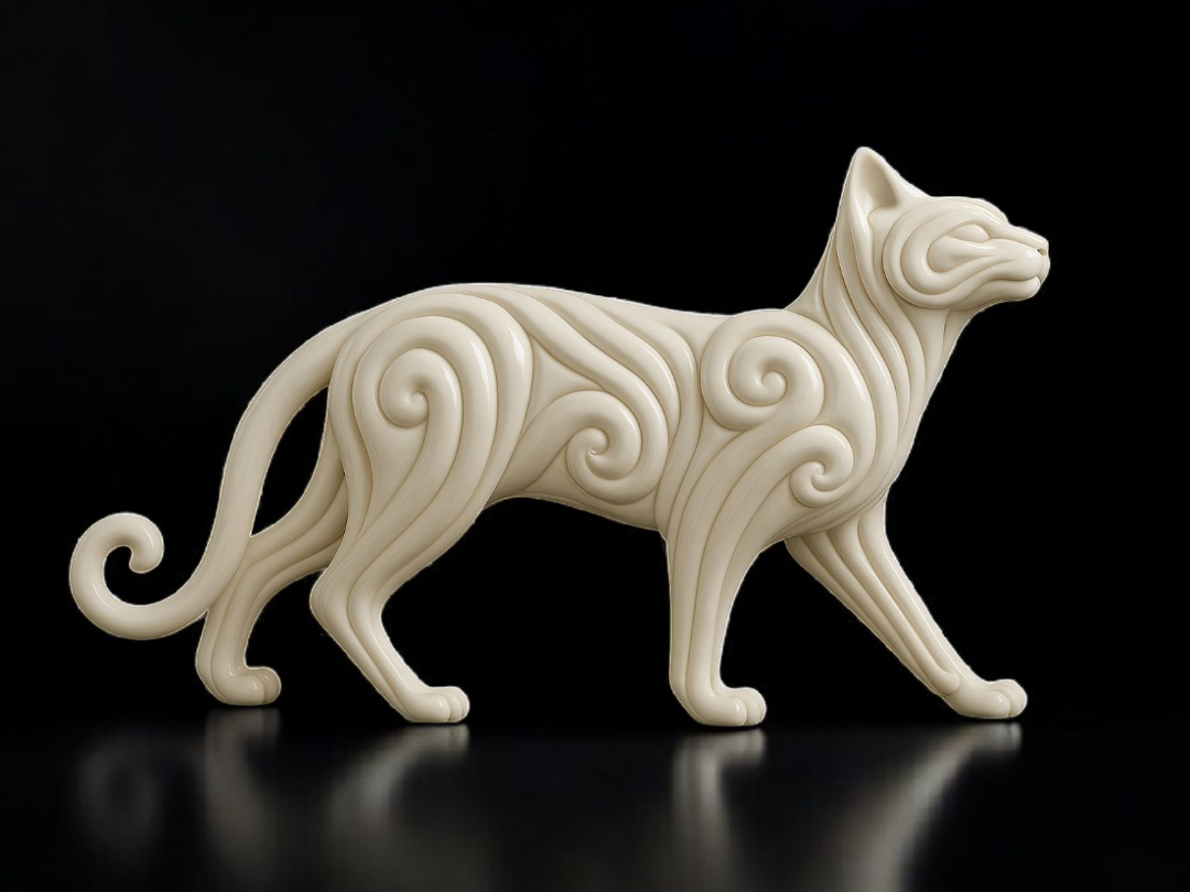 Escultura de gato tribal caminando