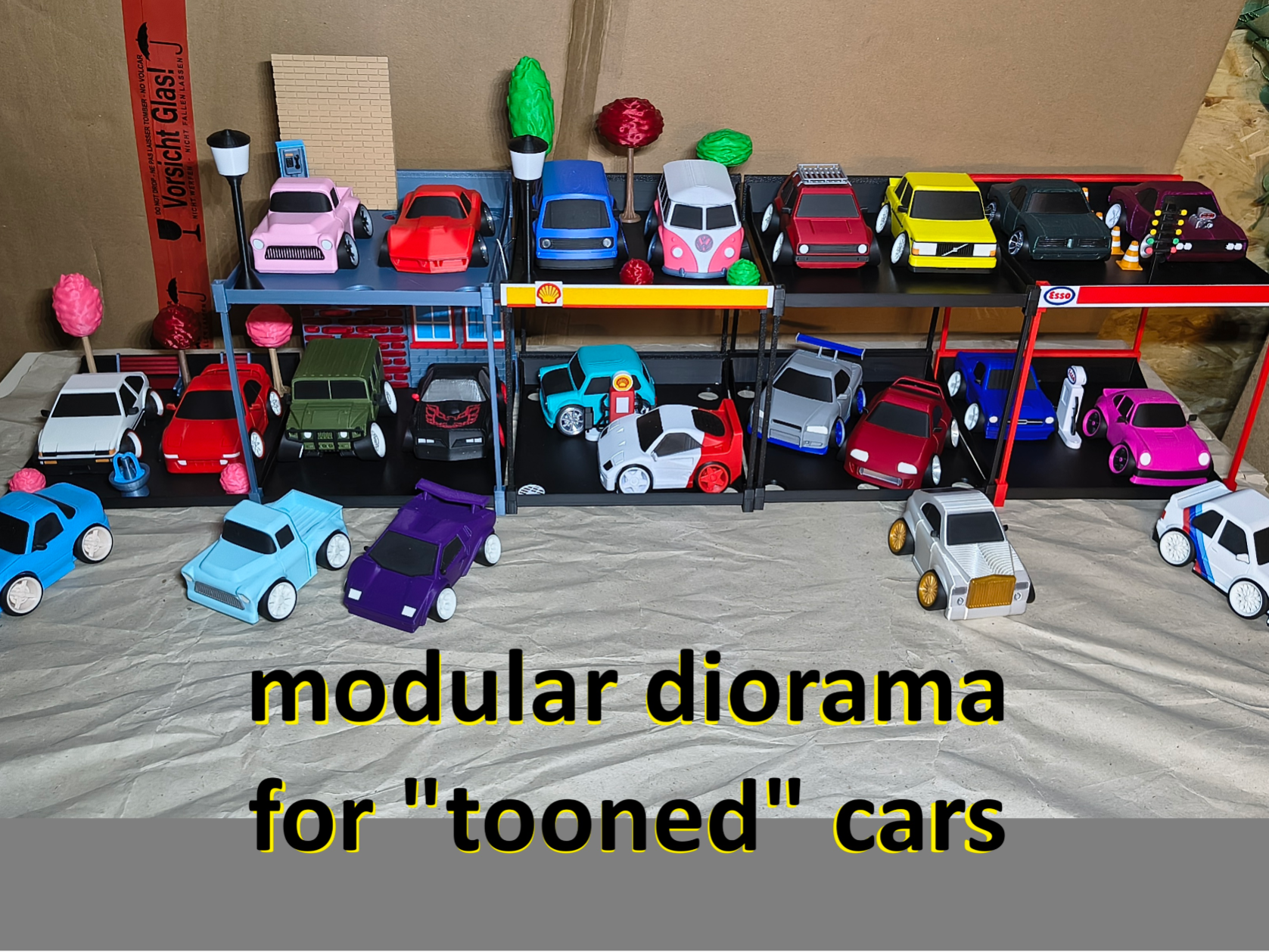modular "tooned cars" diorama, display, wall-shelf