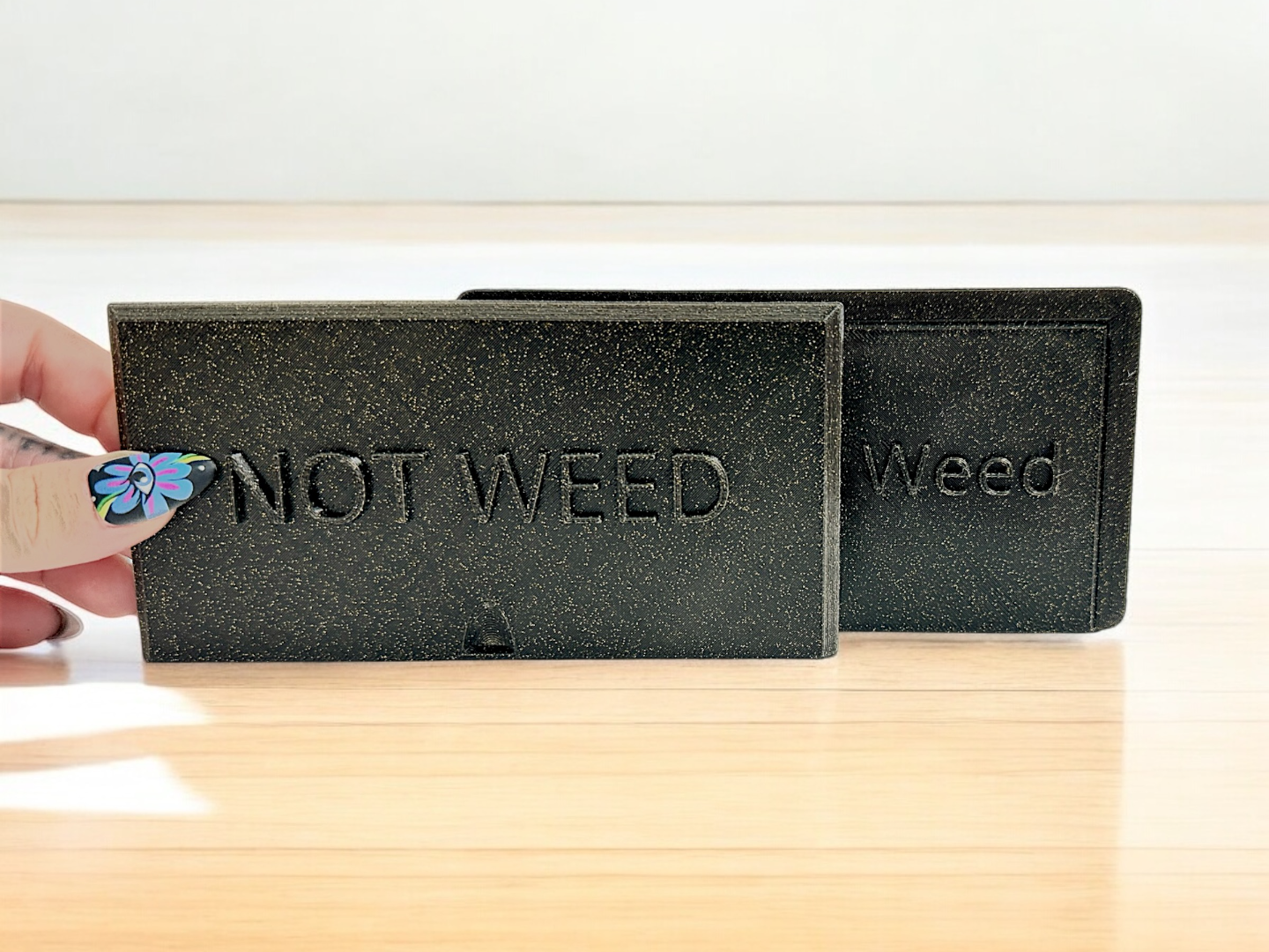 "definitely weed" and "not weed" stash boxes