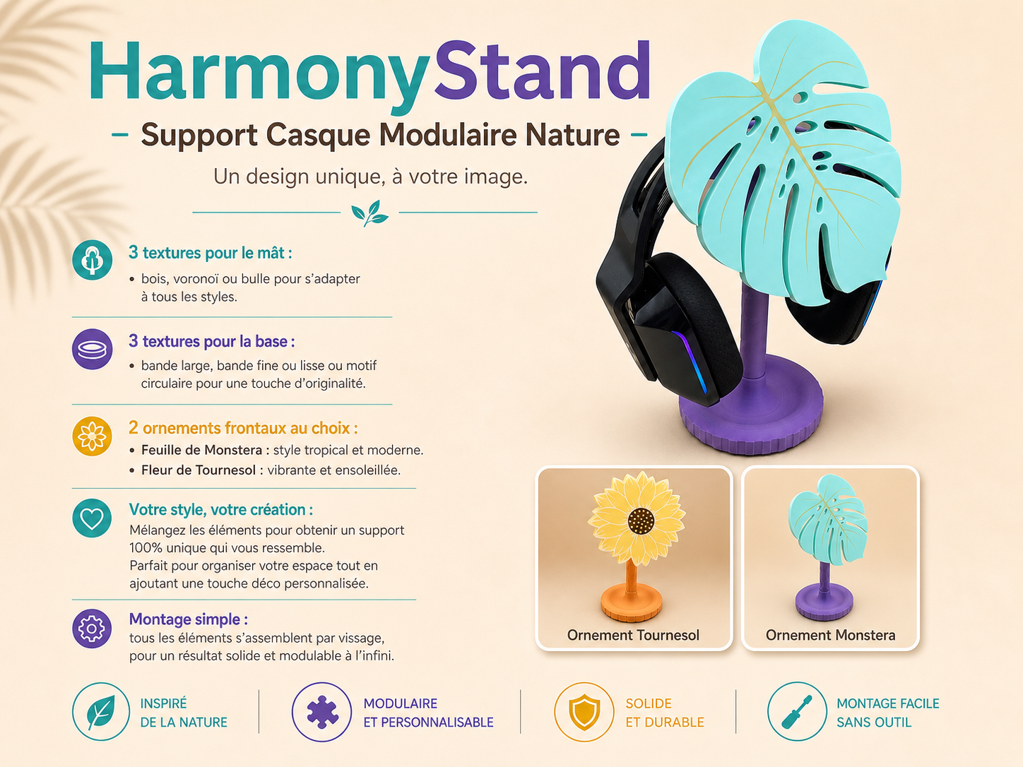 HarmonyStand – Support Casque Modulaire Nature