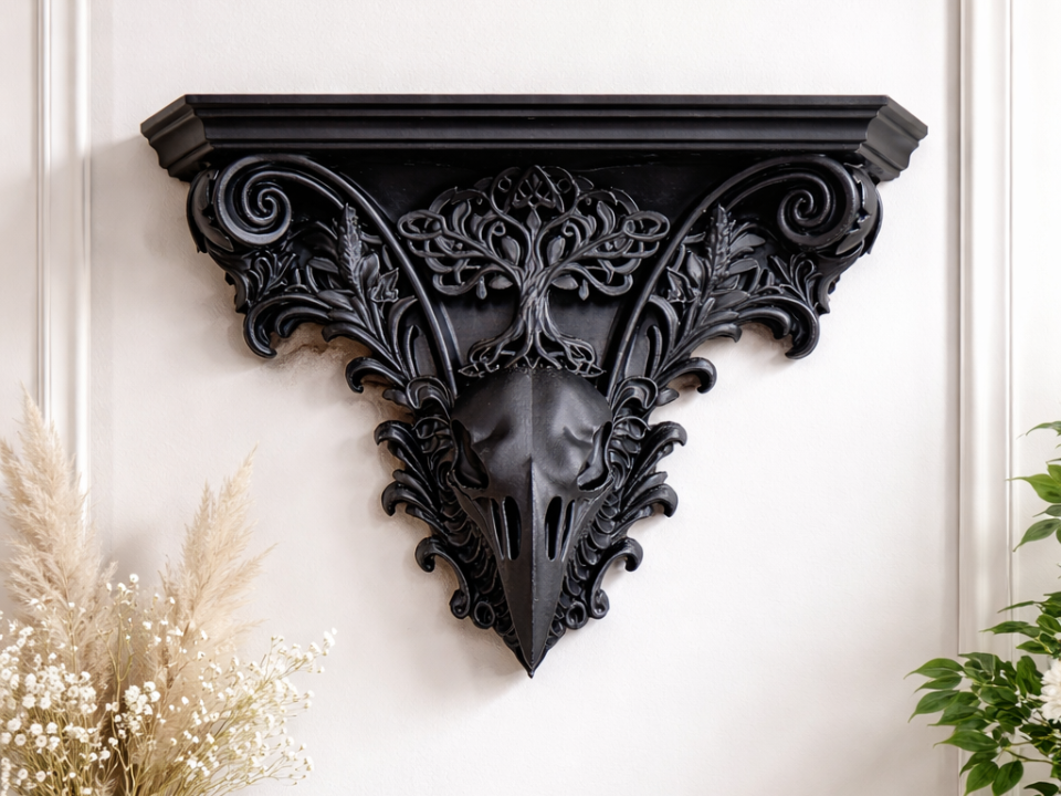 Gothic Raven Skull & Yggdrasil Wall Corbel Shelf