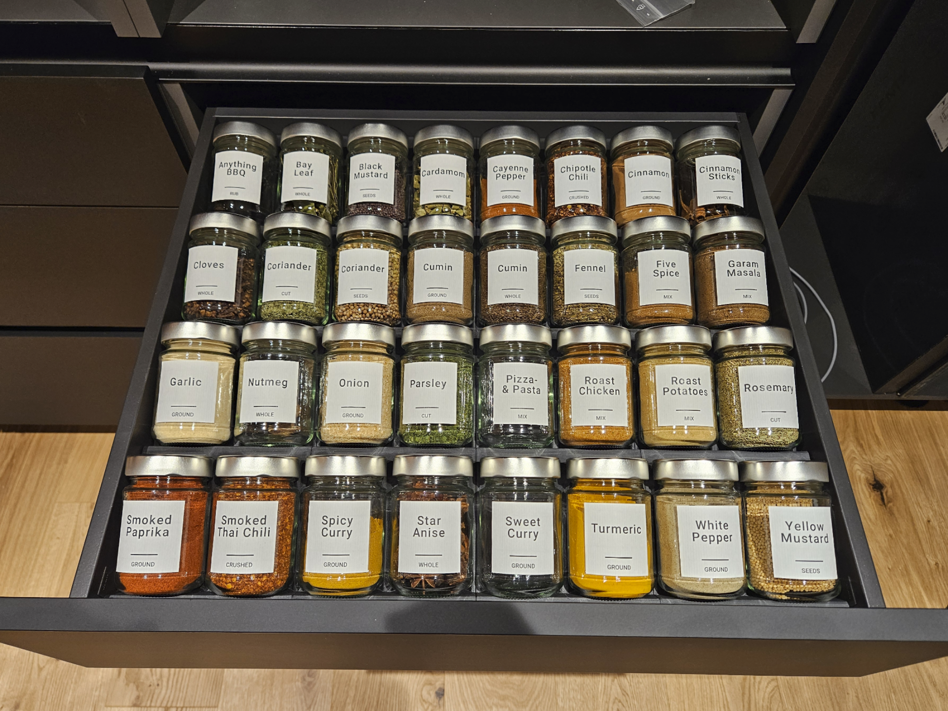 Spice Jar Drawer Organizer (with custom labels)