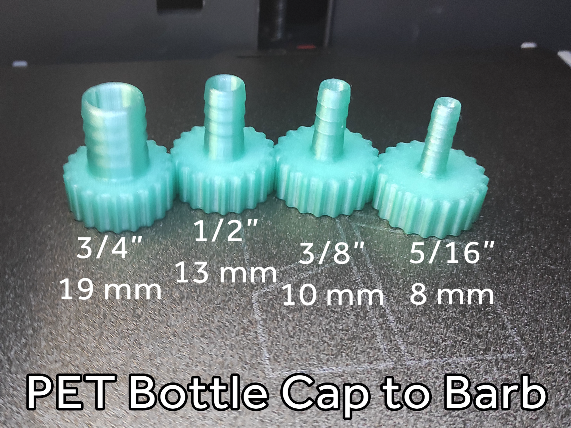 PET Bottle Cap to Barb Adapters 1/2, 3/4, 3/8 5/16