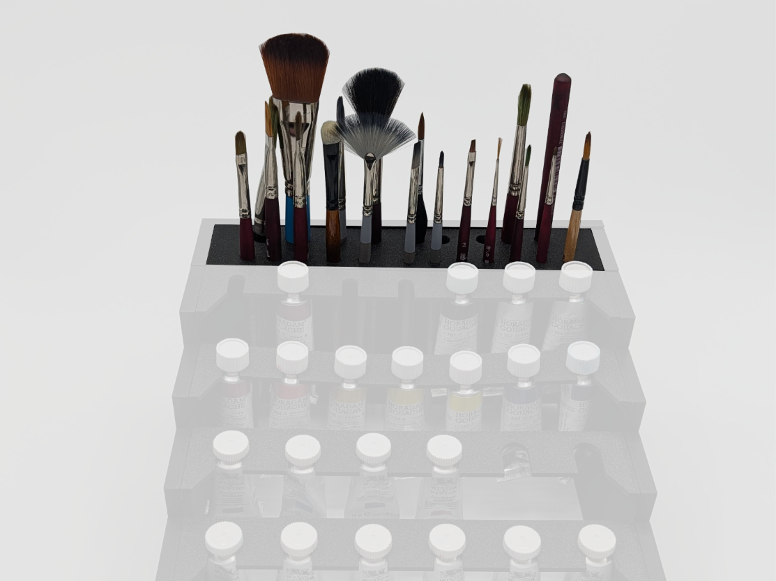 Custom paint brush shelves for modular paint stack