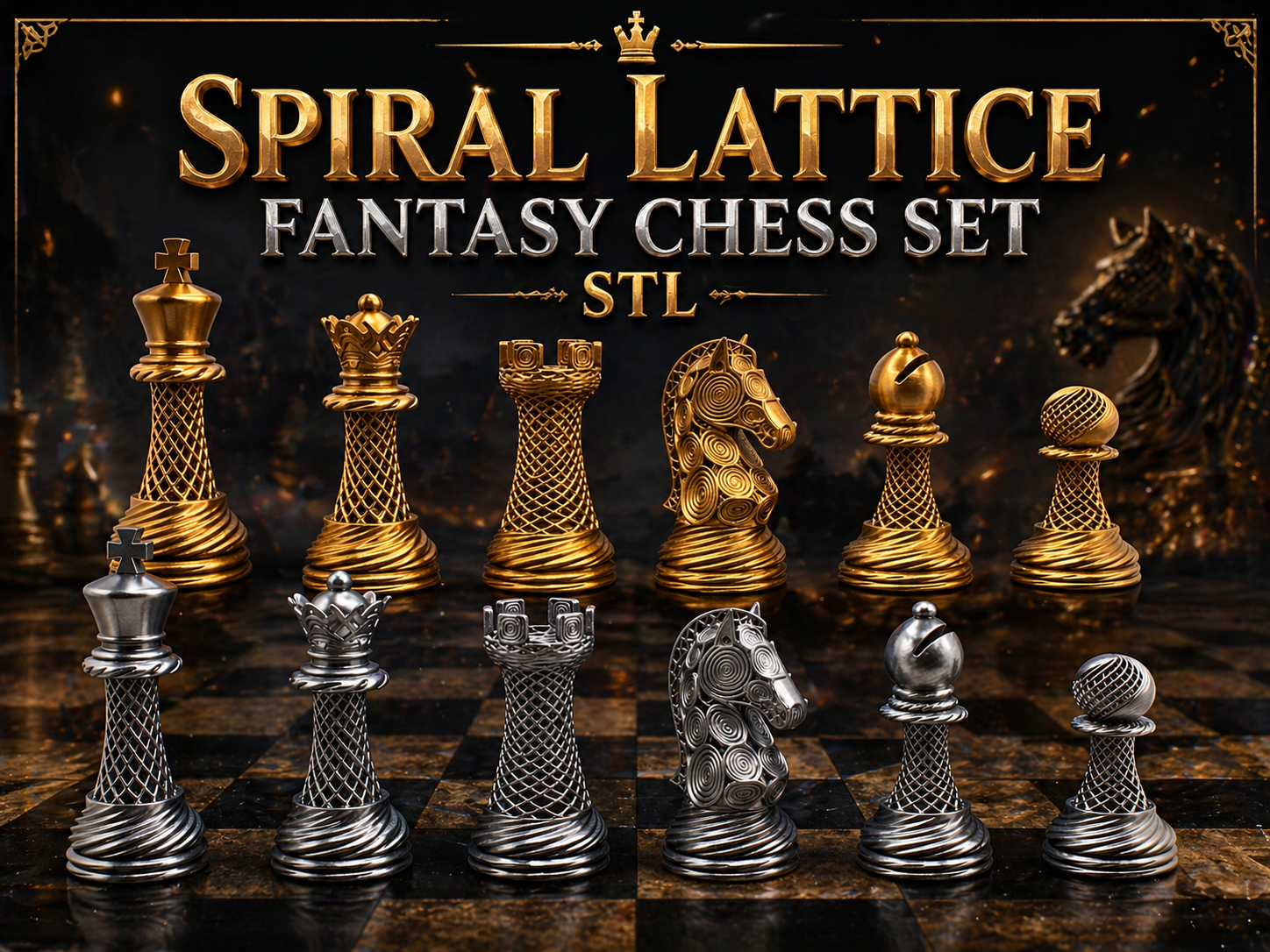 Spiral Lattice Fantasy Chess Set STL