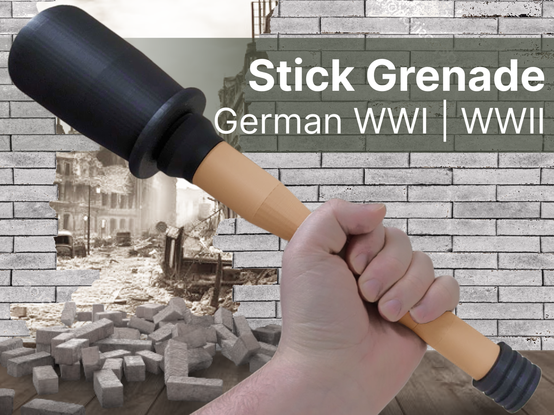 German Stick Grenade WWII, Full Size, Moving Parts