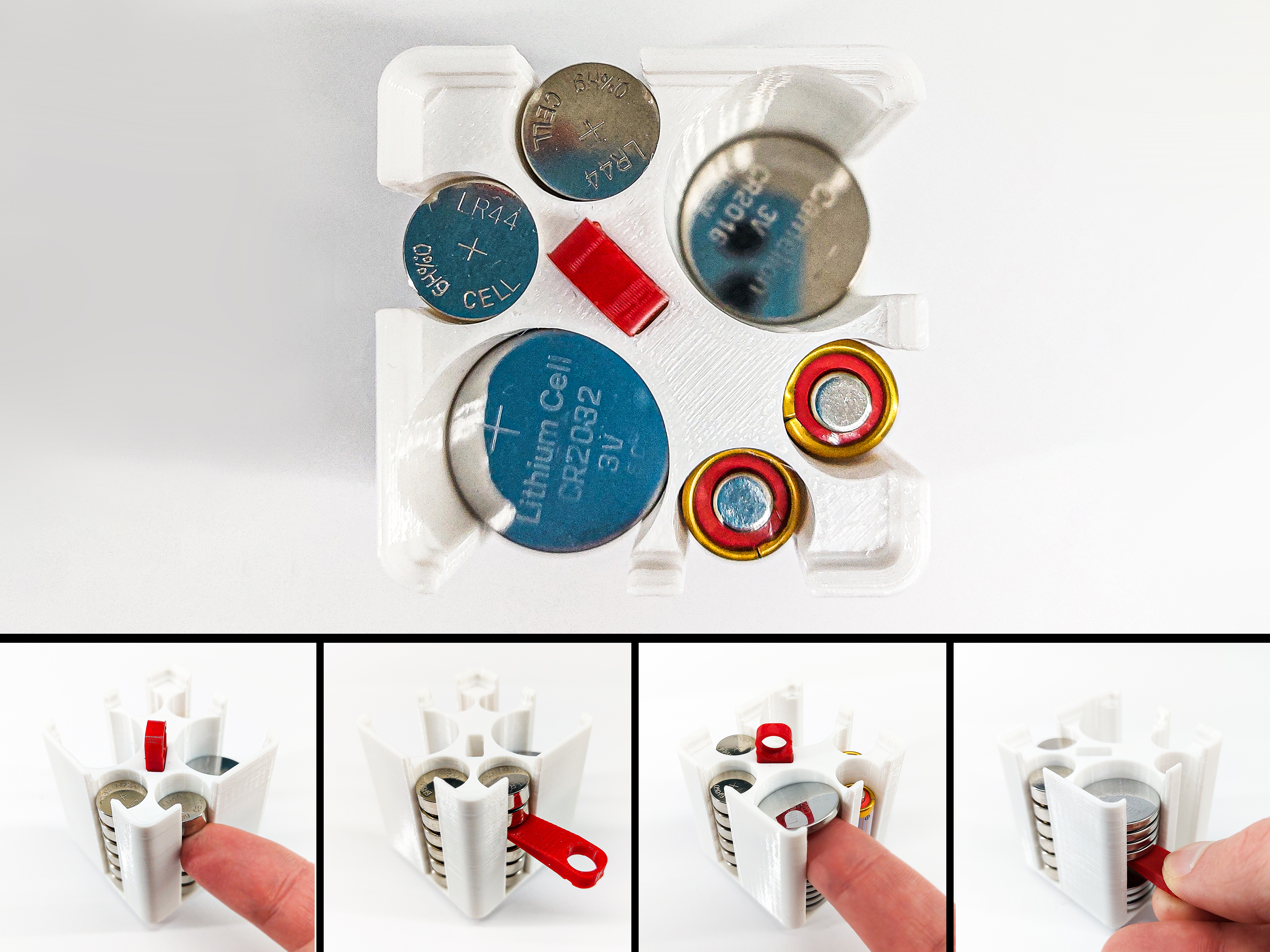 [gridfinity] Coin Cell Battery Box: EASY REMOVAL/ADDING (CR2032/CR2016, 357/303/SR44, A23/MN21/AAA)