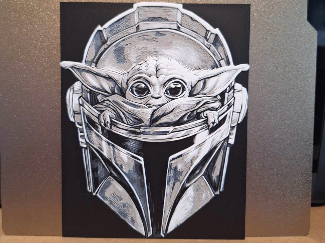 Baby Yoda in a mandalorian helmet - Hueforge