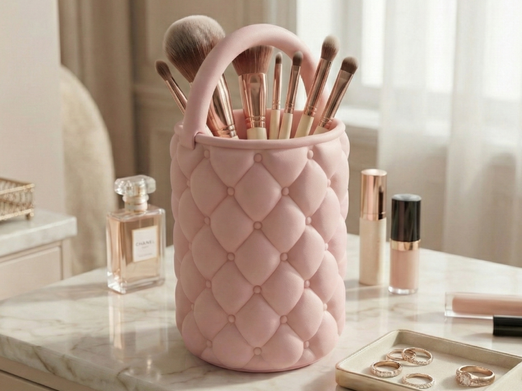 Aesthetic Quilted Desk Organizer Brush Holder