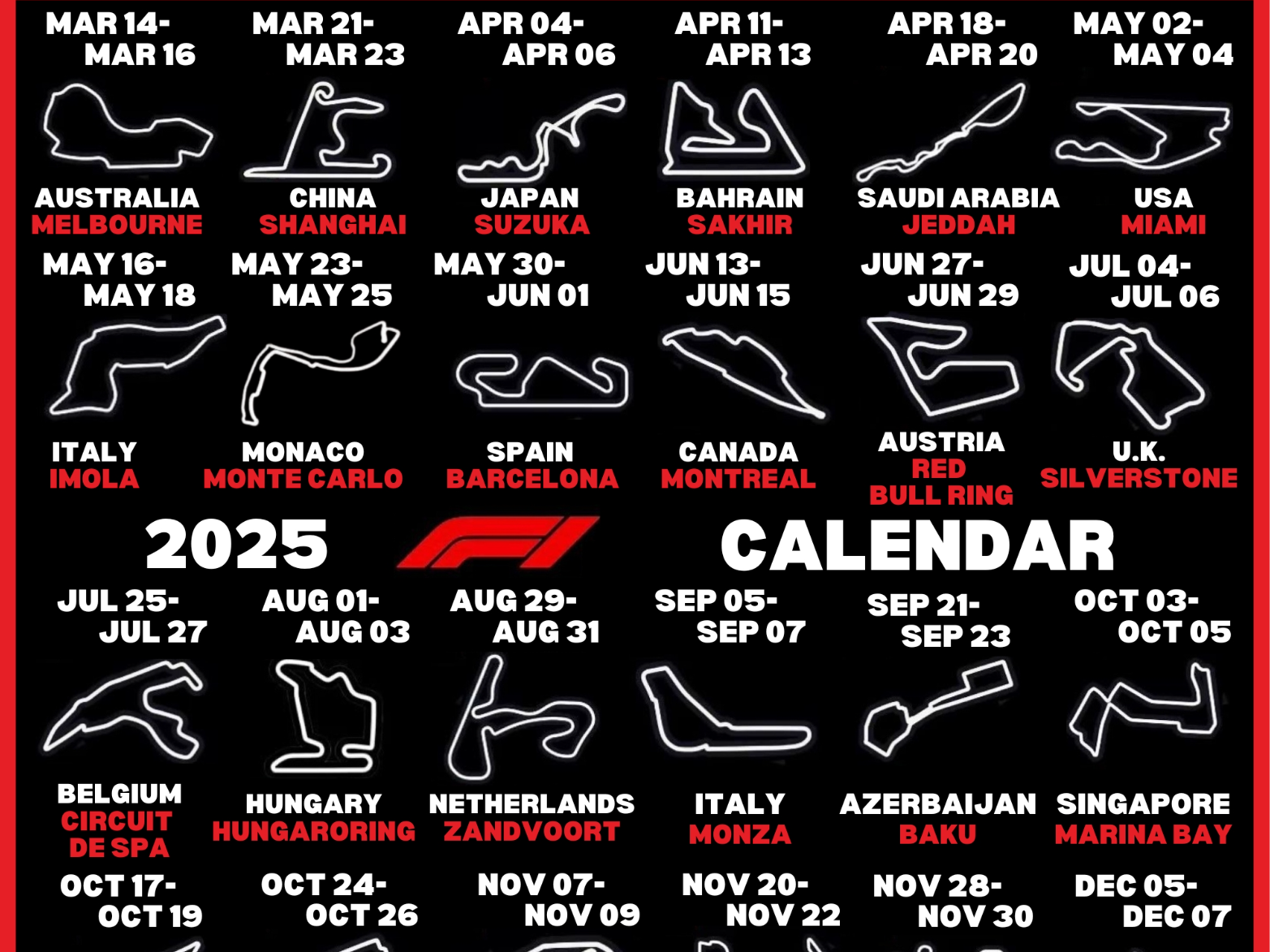 F1 2025 Calendar with names and dates