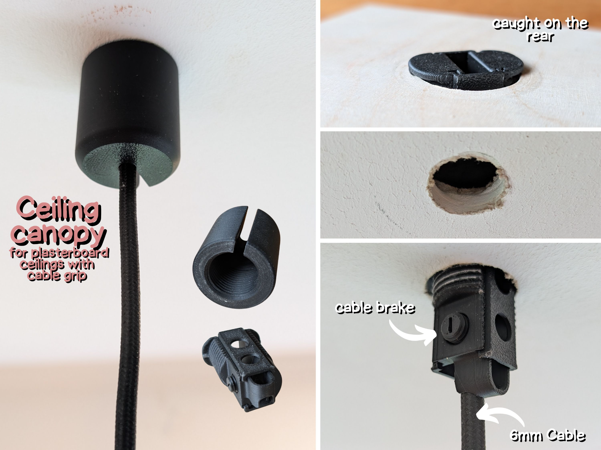 Ceiling canopy for plasterboard with cable grip