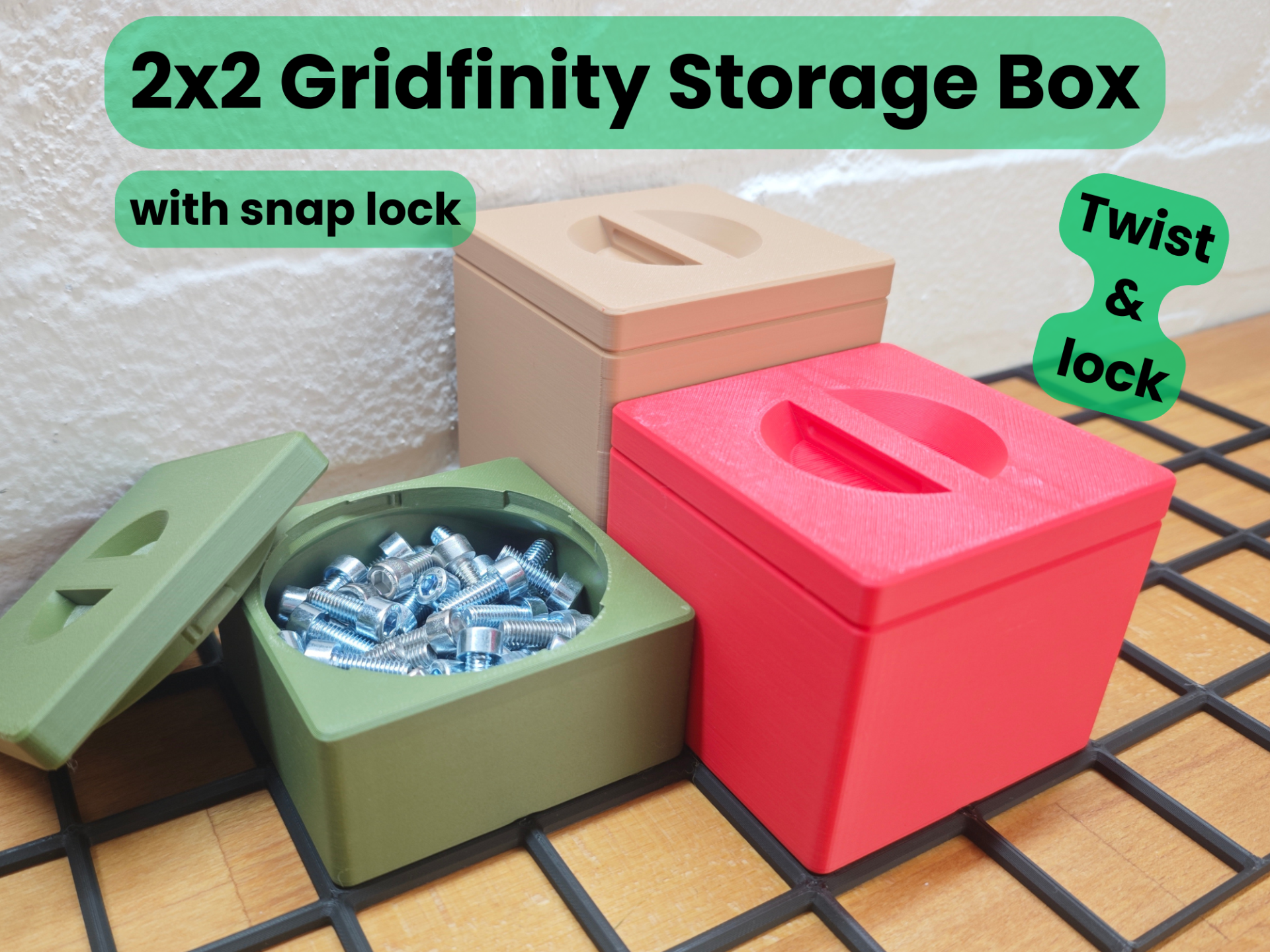 Gridfinity  Box with handle and twist snap lid 2x2