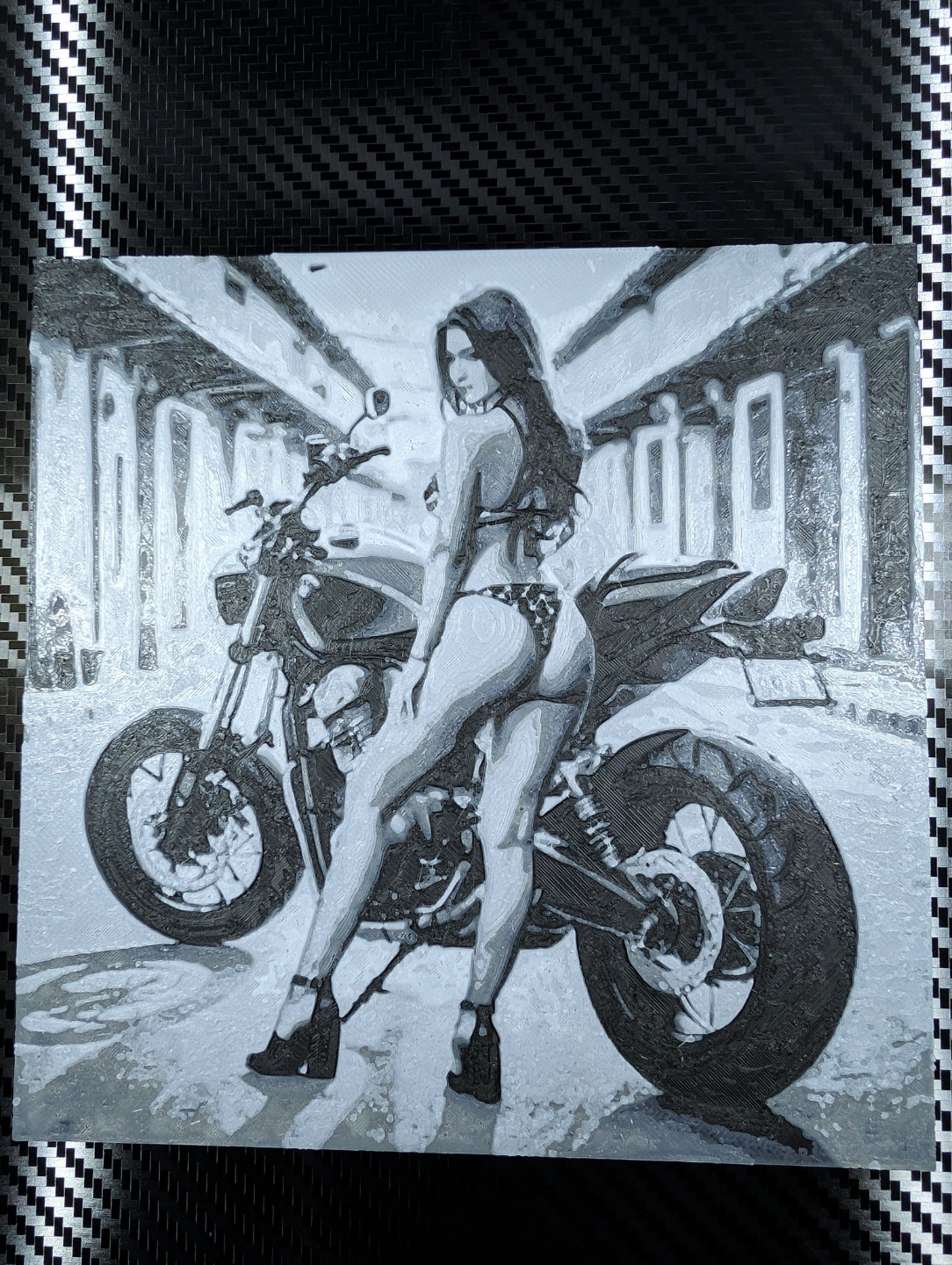 Model in bikini with motorbike - Hueforge