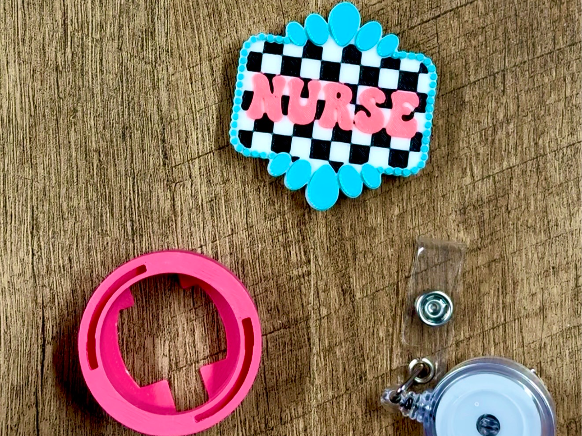 Nurse Turquoise Gemstone Checkered Badge Reel Top