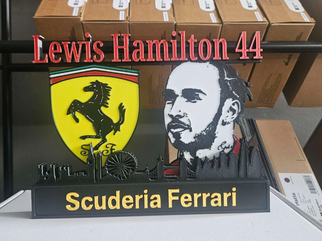 Lewis hamilton Ferrari f1 with skyline of London