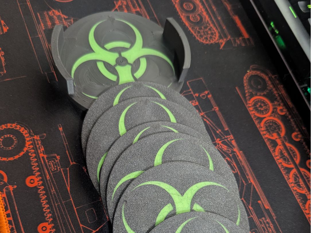 Biohazard coasters and coaster holder