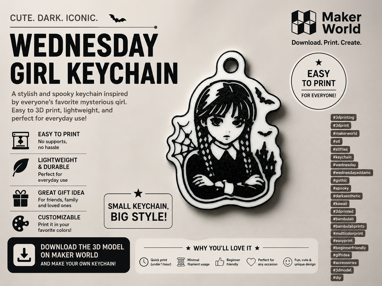 Wednesday Girl Keychain – Gothic Style 3D Print