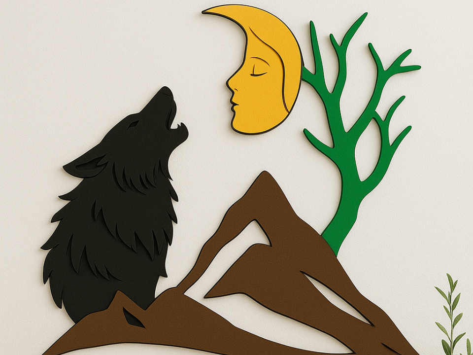 Lobo aullando a luna con rostro de mujer