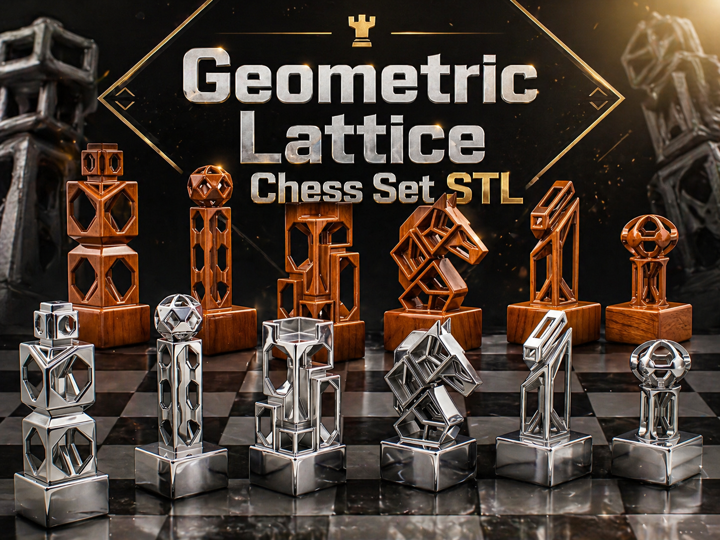 Geometric Lattice Chess Set STL (Modern Design)