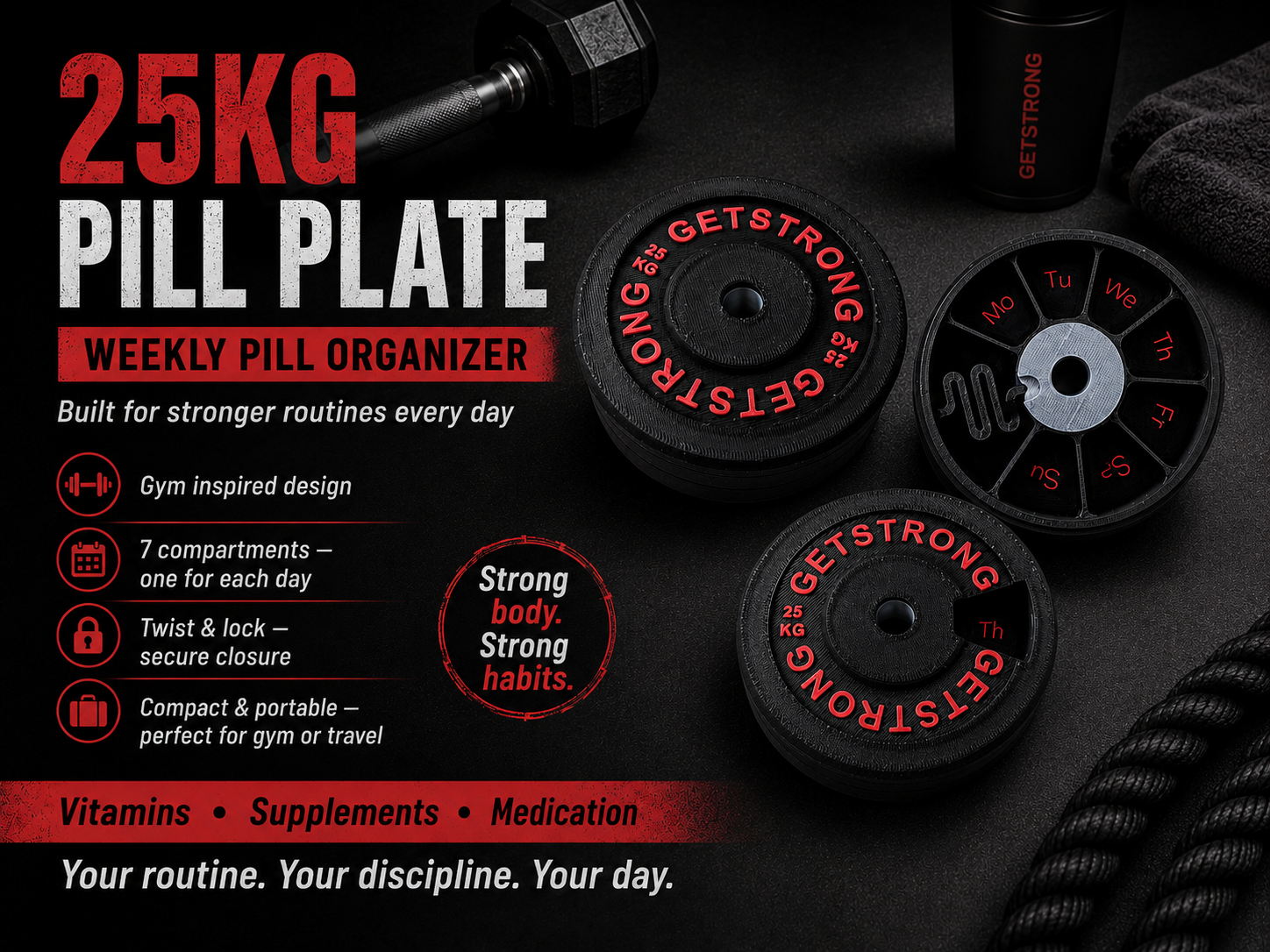 25KG Pill Plate — Weekly Gym Organizer