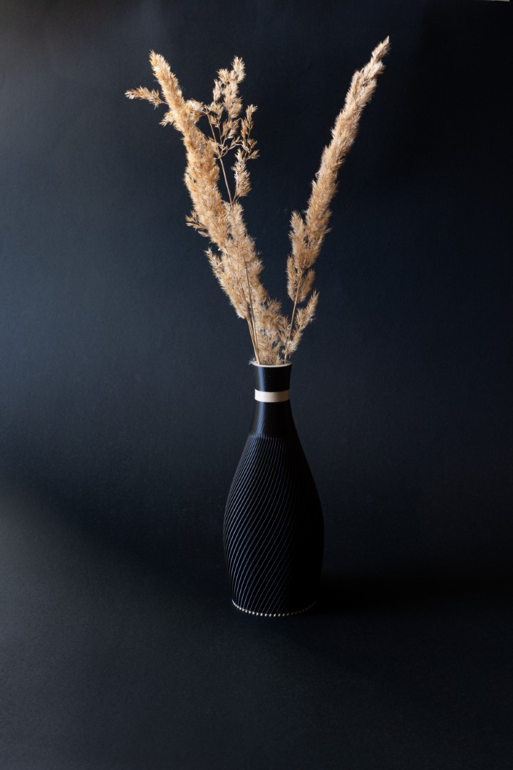 Ribbed Black Vase with Weighted Base