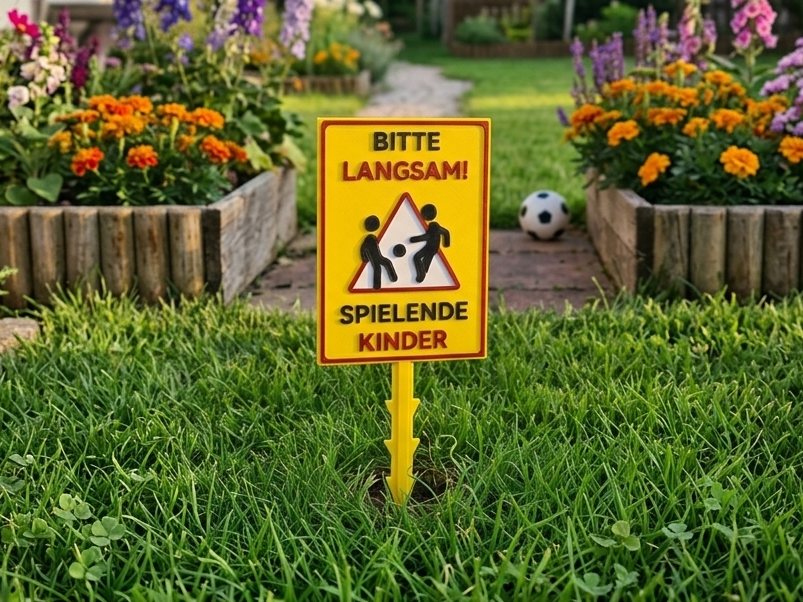 Warnschild „Bitte langsam! Spielende Kinder“