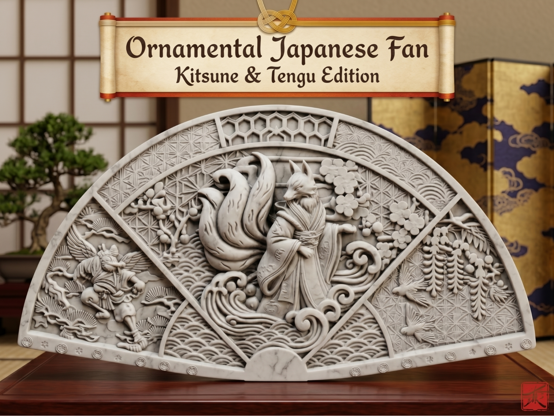 Ornamental Japanese Fan - Kitsune & Tengu Edition