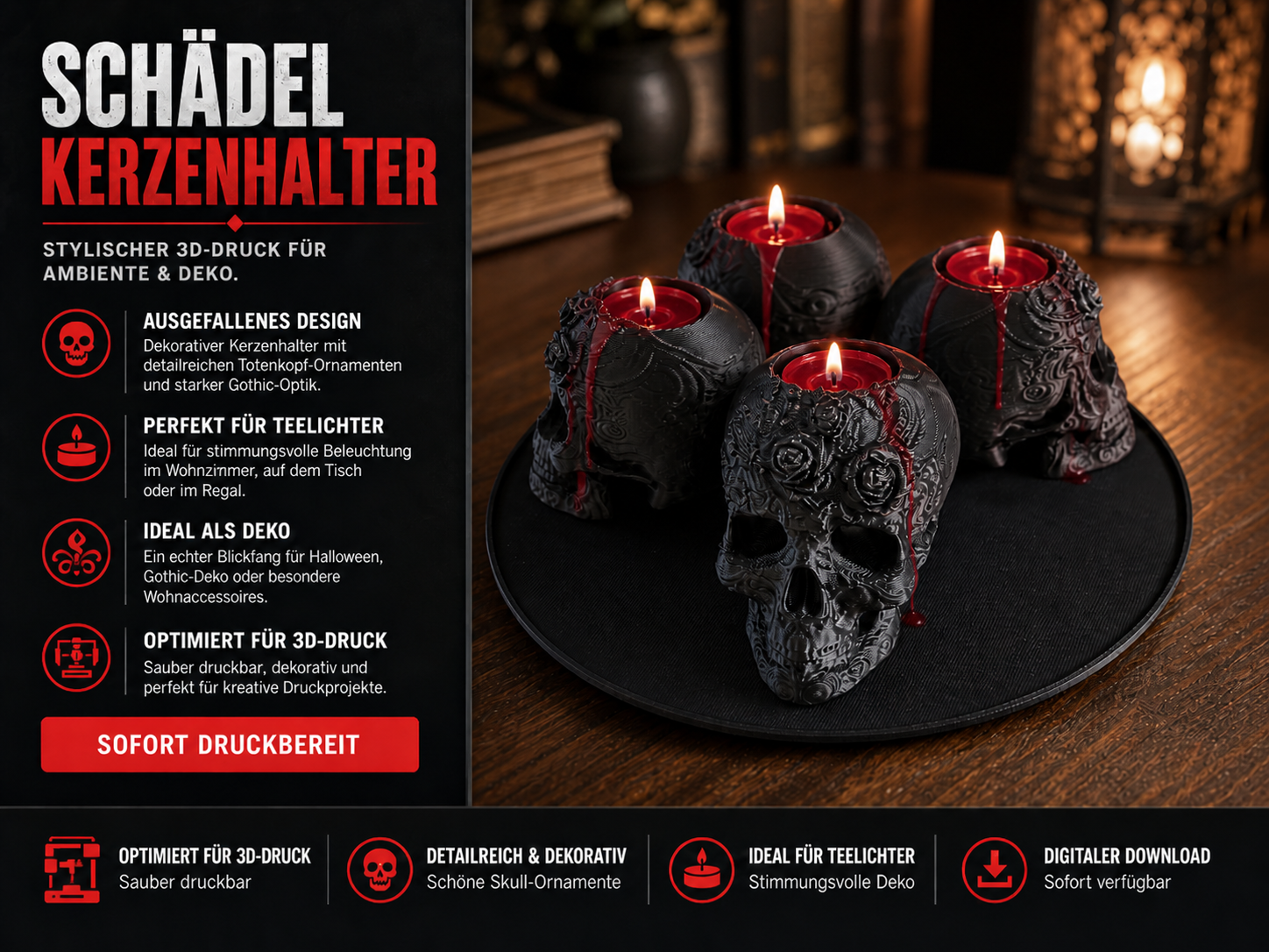 Rosenschädel – dekorativer Skull als Kerzenständer