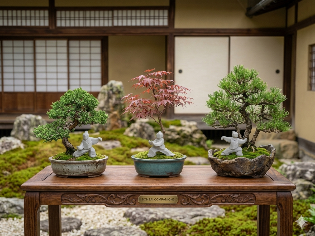 Set of 3 sandstone Tai Chi statues