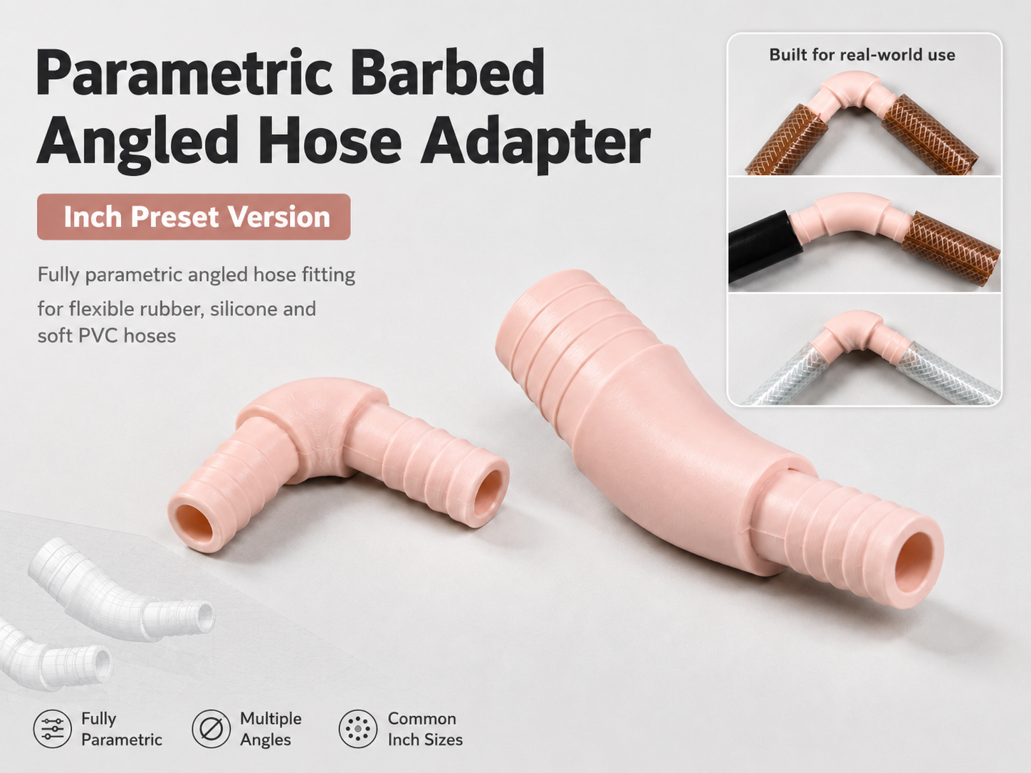 Parametric Angled Barbed Hose Adapter–Inch presets