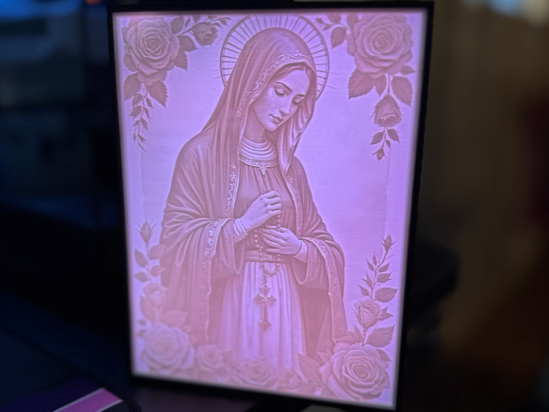 Virgin Mary Lithophane with Rosary and Roses