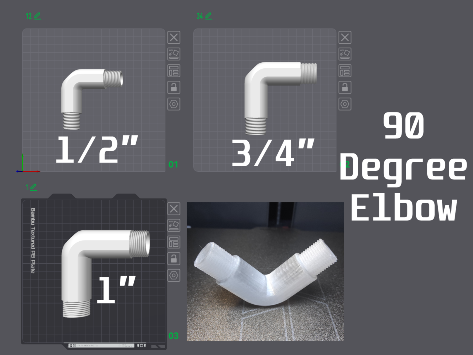 90 Degree Pipe Threaded Elbow - 1/2", 3/4" and 1"
