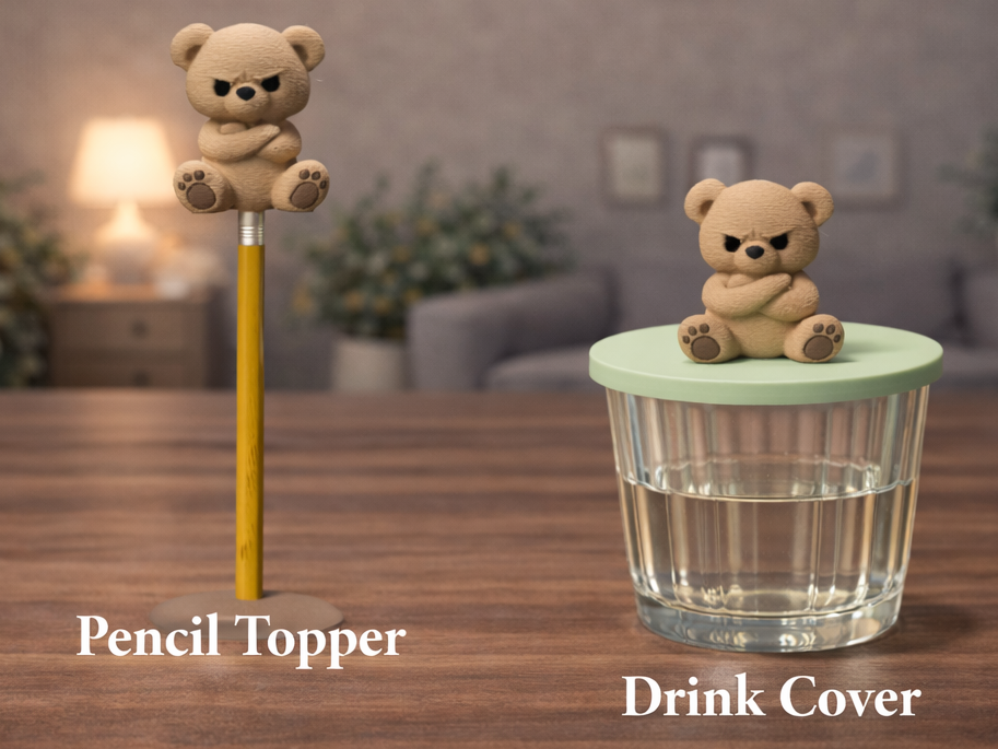 Grumpy Teddy Pencil Topper & Drink Cover