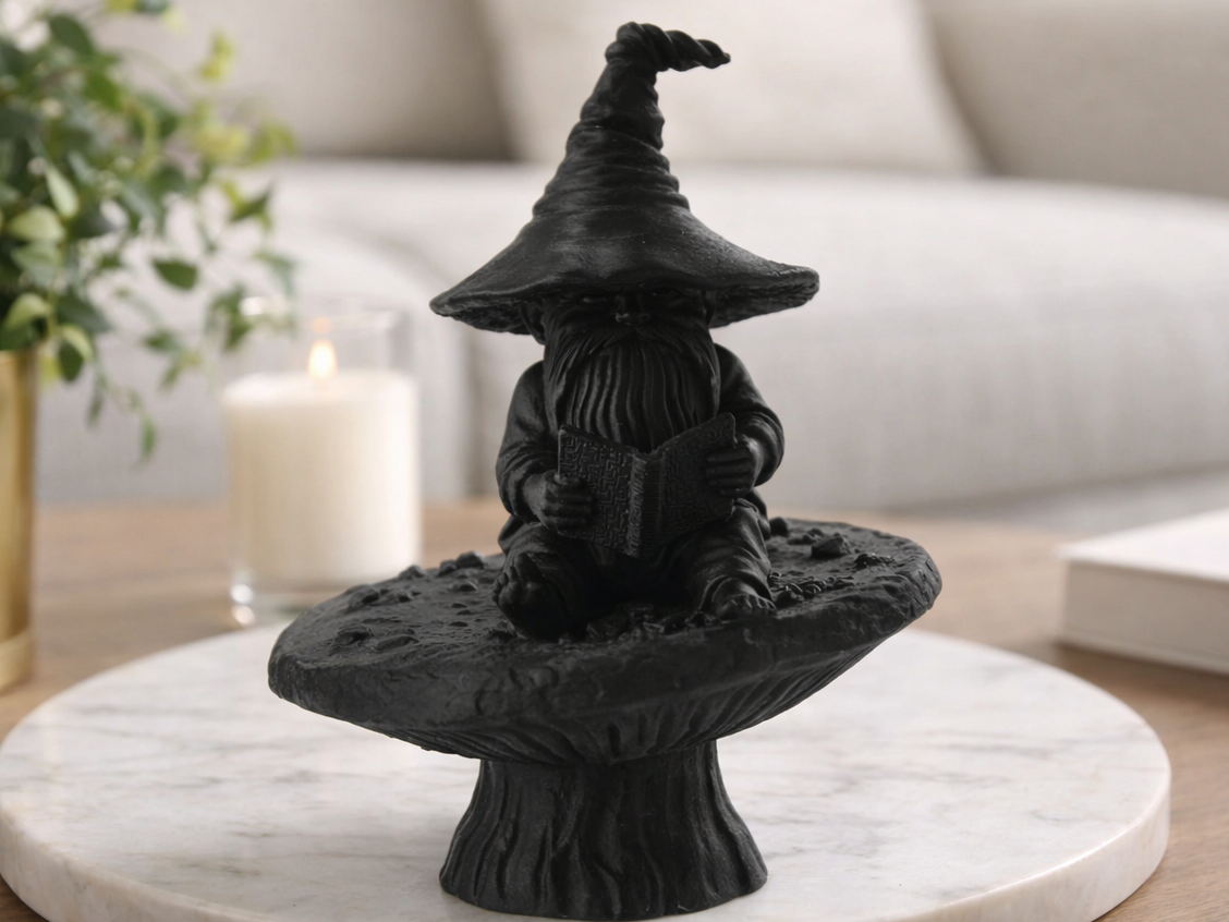 Whimsical Reading Gnome on a Mushroom Sculpture