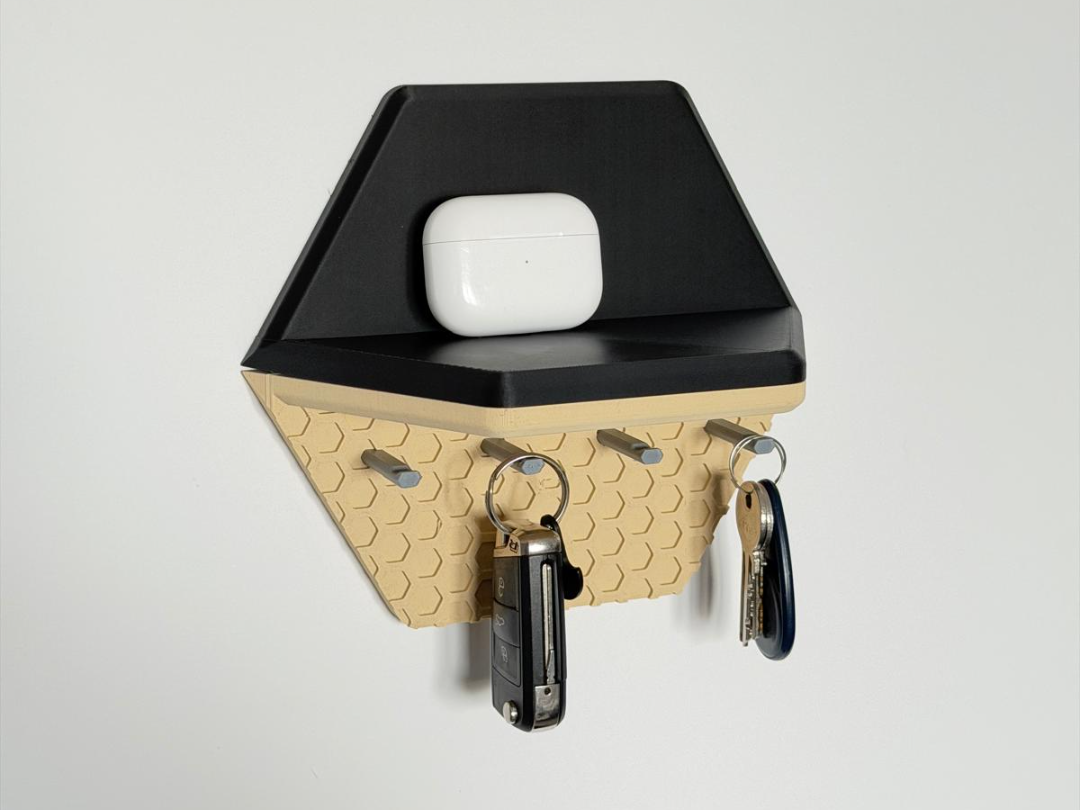 Modern Wall Key Holder with Shelf – Hex Pattern